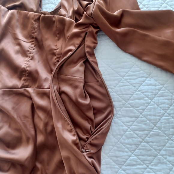 One-Shoulder Bustier Ruched Satin Effect Mini Dress Copper M - Picture 8 of 13